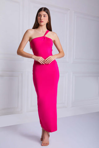 CALLIOPE Oblique Shoulder Backless Maxi Dress In Rose Red - VOUVELLA