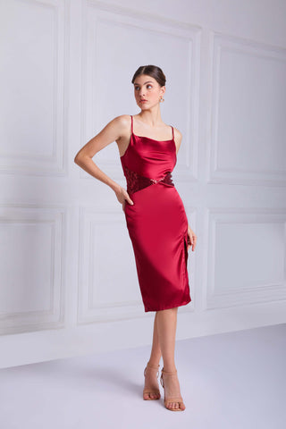 VIVA Sequin Satin Midi Dress In Red - VOUVELLA