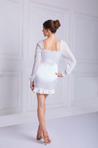 AURORA Mesh Pleated Mini Dress In White - VOUVELLA
