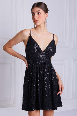 BETHANY Sequined Mini Dress In Black - VOUVELLA