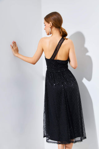 MAYA Asymmetric One Shoulder Midi Dress In Black - VOUVELLA