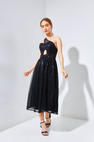 MAYA Asymmetric One Shoulder Midi Dress In Black - VOUVELLA