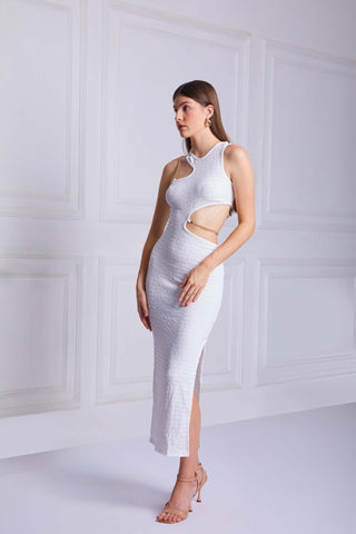 LYRIC Off Shoulder Slim Midi Dress In White - VOUVELLA