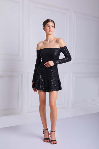 CELESTA Mini Dress In Black With Slimming Beam Waist - VOUVELLA