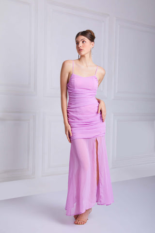 BAMBI Ruched Midi Dress In Light Purple - VOUVELLA