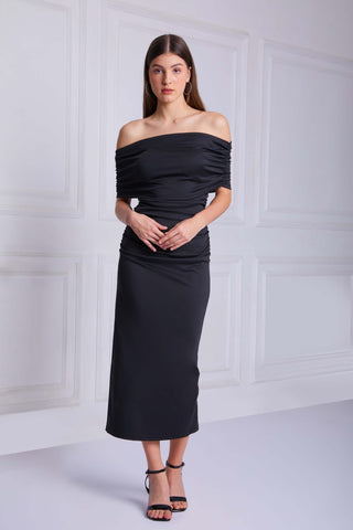 FLUER Pleated Midi Dress In Black - VOUVELLA