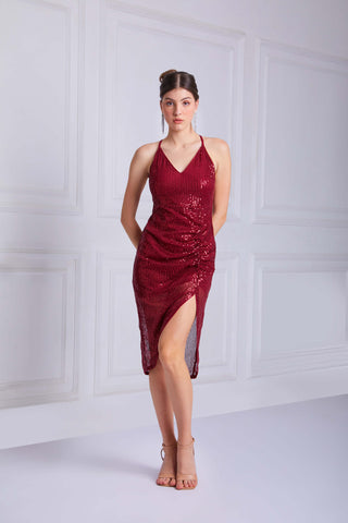 KATE Sequined Midi Dress In Wine Red - VOUVELLA