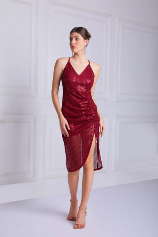 KATE Sequined Midi Dress In Wine Red - VOUVELLA