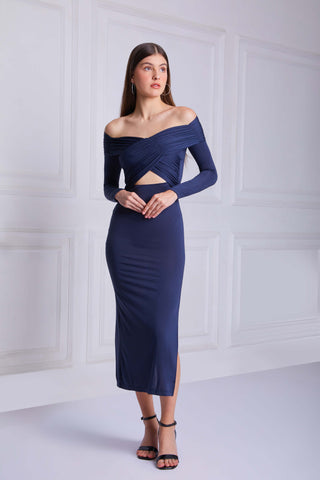 ESTELLE Pleated Long Sleeve Maxi Dress In Dark Blue - VOUVELLA