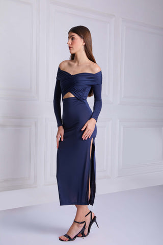 ESTELLE Pleated Long Sleeve Maxi Dress In Dark Blue - VOUVELLA