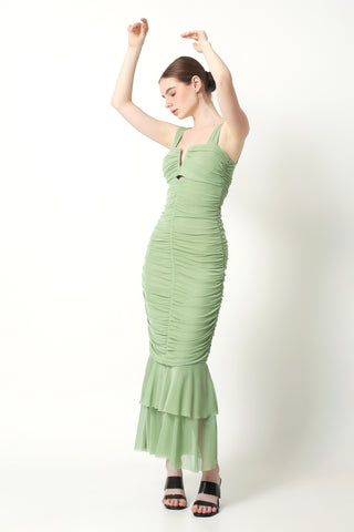 DANA Ruched Maxi Dress In Green - VOUVELLA