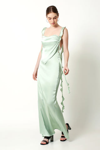 AMALIA Lace Strap Backless Ruffled Ribbon Maxi Dress In Green - VOUVELLA