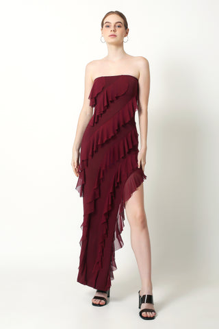 CHLOE Asymmetric Maxi Dress In Burgundy - VOUVELLA