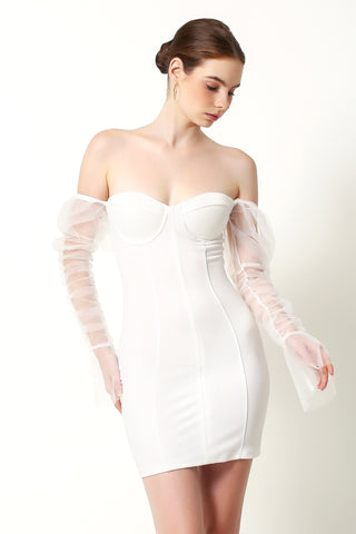 ELOISE Mesh Sleeve Slimming Mini Dress In White - VOUVELLA