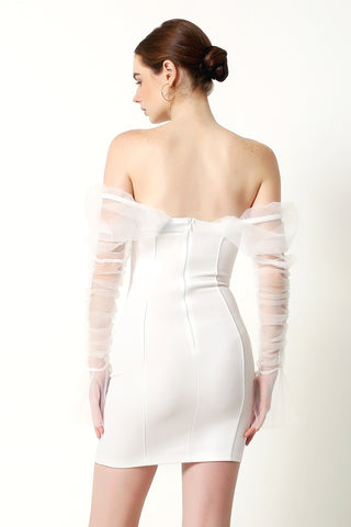ELOISE Mesh Sleeve Slimming Mini Dress In White - VOUVELLA